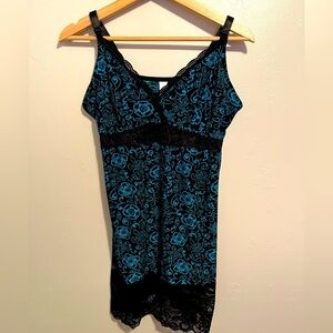 Elegant Black and Blue Lace Detail Chemise by Delta Burke